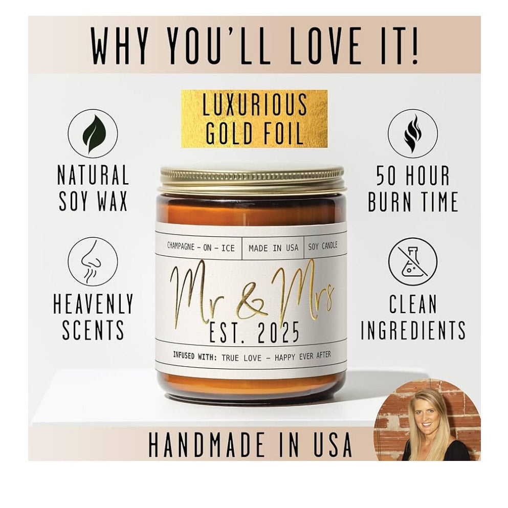 Wedding Gifts for Couples 2025, Bridal Shower Gifts from Bride - 'Mr & Mrs Est. 2025 Candle, w/Champagne on Ice
