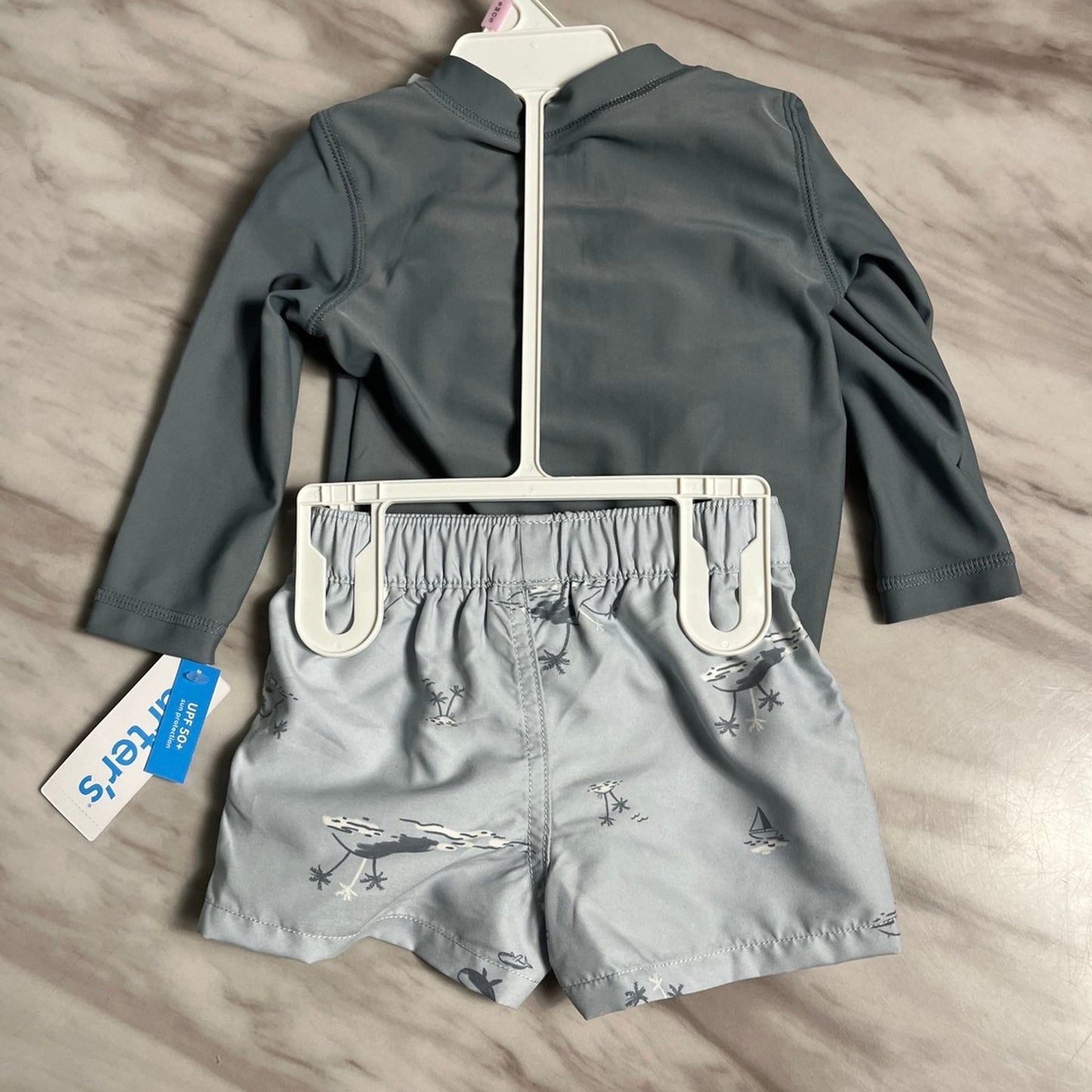 Baby 3-Piece Long-Sleeve Rashguard, Swim Trunk & Swim Hat Set - Grey/Blue