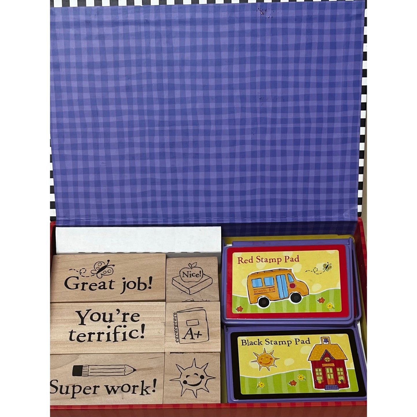 School Teacher RUBBER STAMPS & INK W STORAGE BOX NEW