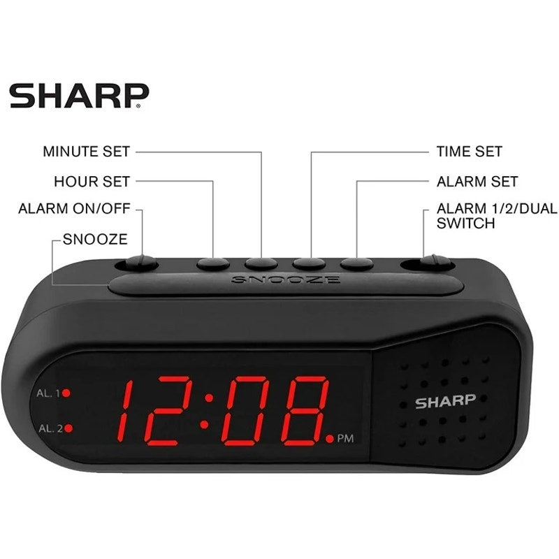 Sharp Digital Alarm Clock Black Case Red Display Ascending Alarm