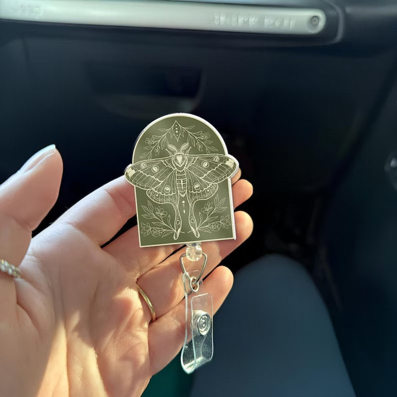 Vintage Moth Badge Reel: Botanical Green Arch, Retractable ID Holder