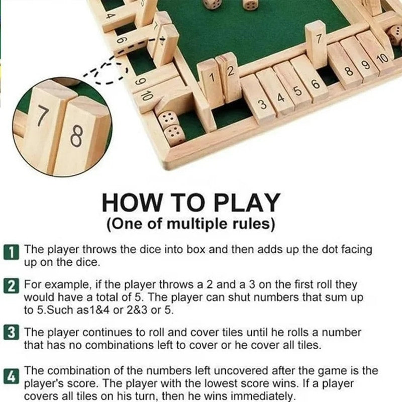 Shut The Box-Wooden 2-4 Player Dice Board Game,