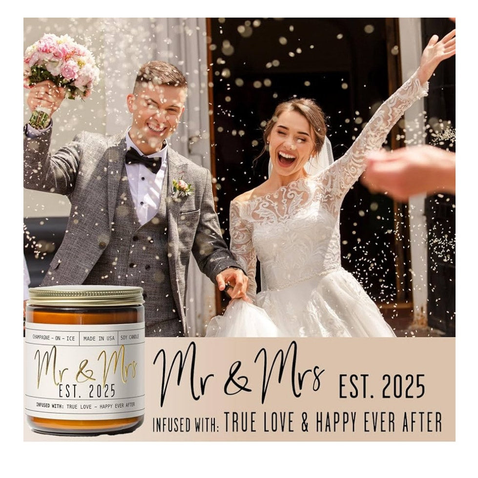Wedding Gifts for Couples 2025, Bridal Shower Gifts from Bride - 'Mr & Mrs Est. 2025 Candle, w/Champagne on Ice