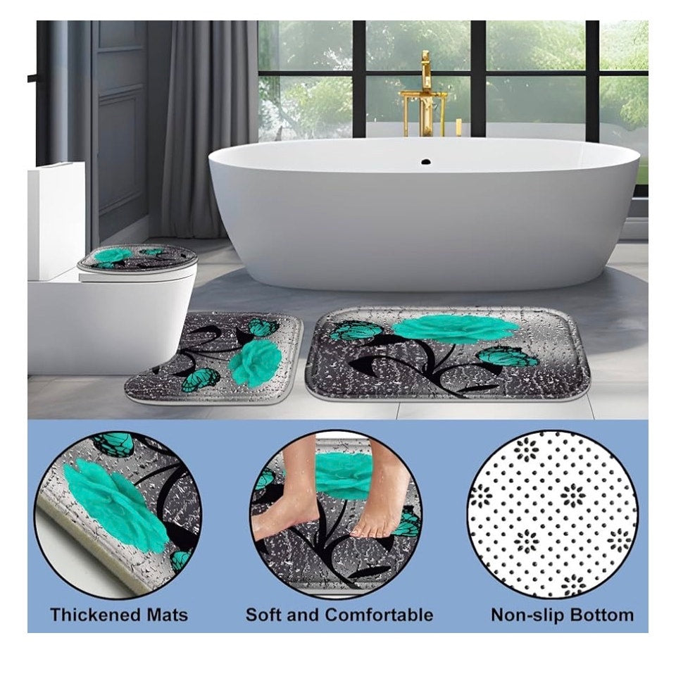Poedist 4 Pcs Bathroom Set,Green Rose Shower Curtain Sets, Romantic Shower