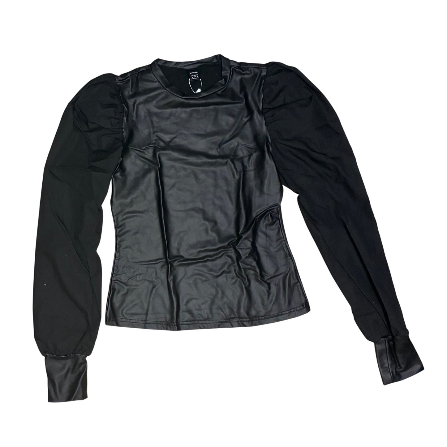 SHEIN black faux leather top features striking puff sleeves