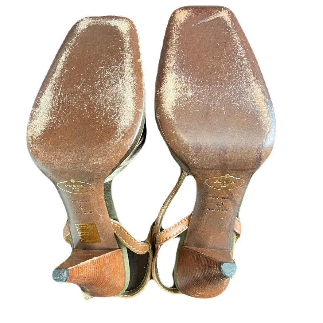 Prada Olive Green Satin And Brown Leather Slingback 4” Heel Size 10
