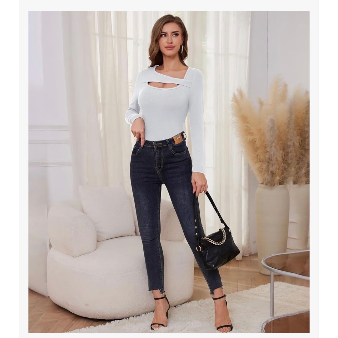 Long Sleeve Shirts Women Ribbed 1 Piece Cutout Tops Fashion Slim Fitted Clothes