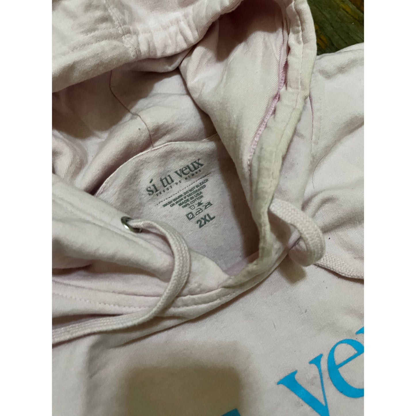Pink Men’s Si Tu Veux Hoodie With Baby Blue Words Size 2XL