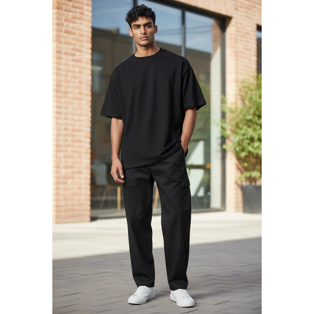 H & M Men’s Slim Fit Elastic Waist Cargo Pants Black Size Medium