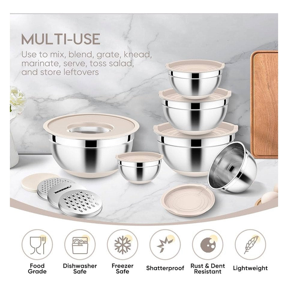 E-far 25PCS Mixing Bowls with Lid Set, Stainless Steel Nesting Prep Bowls with Grater Attachments Non-Slip Bottoms for Cooking, Serving, Food Storage, 4.6/2.6/2/1.5/1/0.7QT - Khaki
