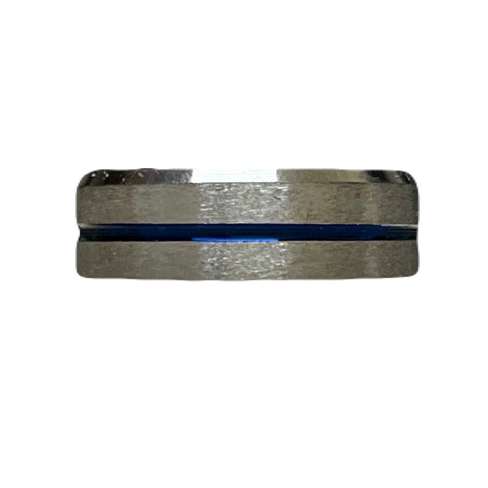 Sliver Stainless Steel Ring With 1 Blue Strip In The Middle Of It Size 19