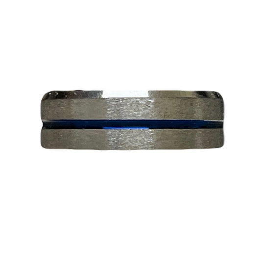 Sliver Stainless Steel Ring With 1 Blue Strip In The Middle Of It Size 19