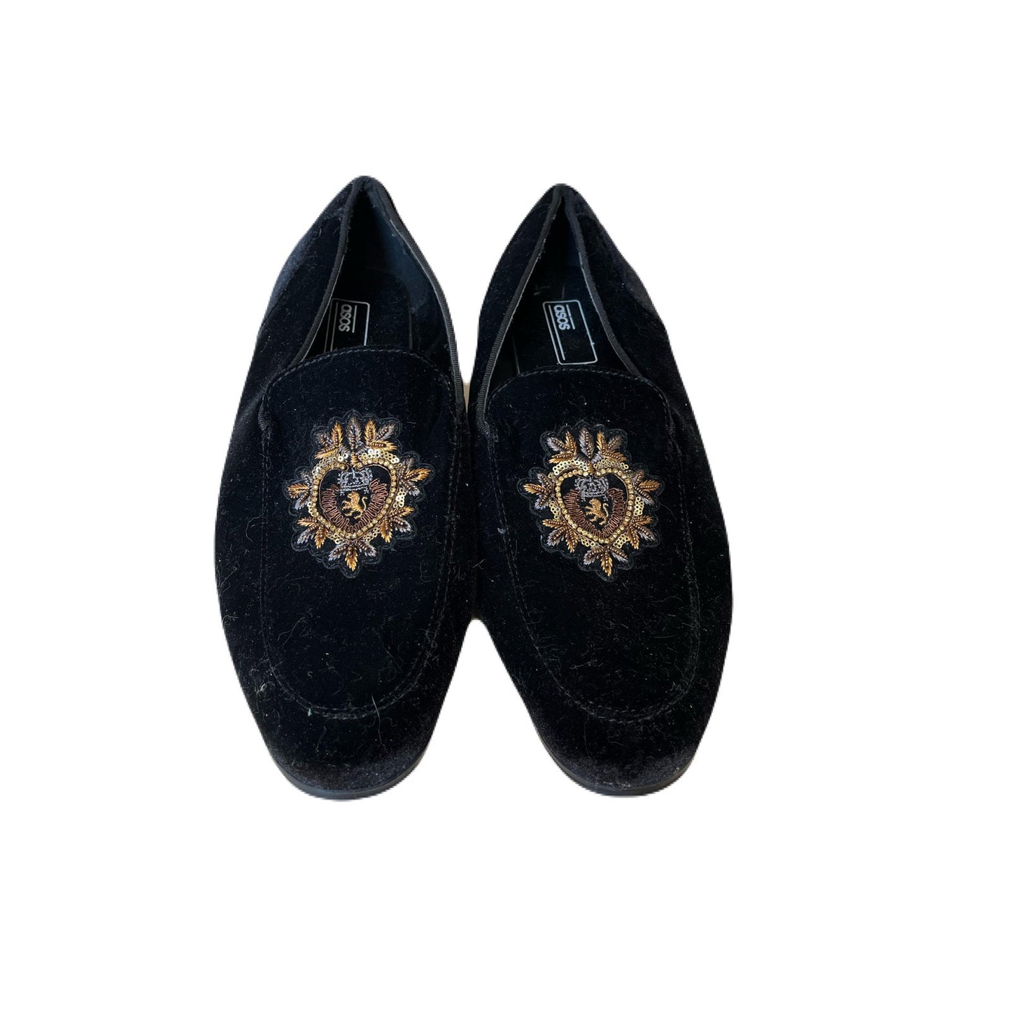 ASOS women’s Loafers In Black Velvet With Badge Detail