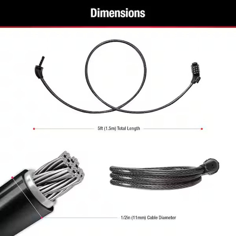 Bike Lock Cable with Combination, Resettable, 5 ft. Long