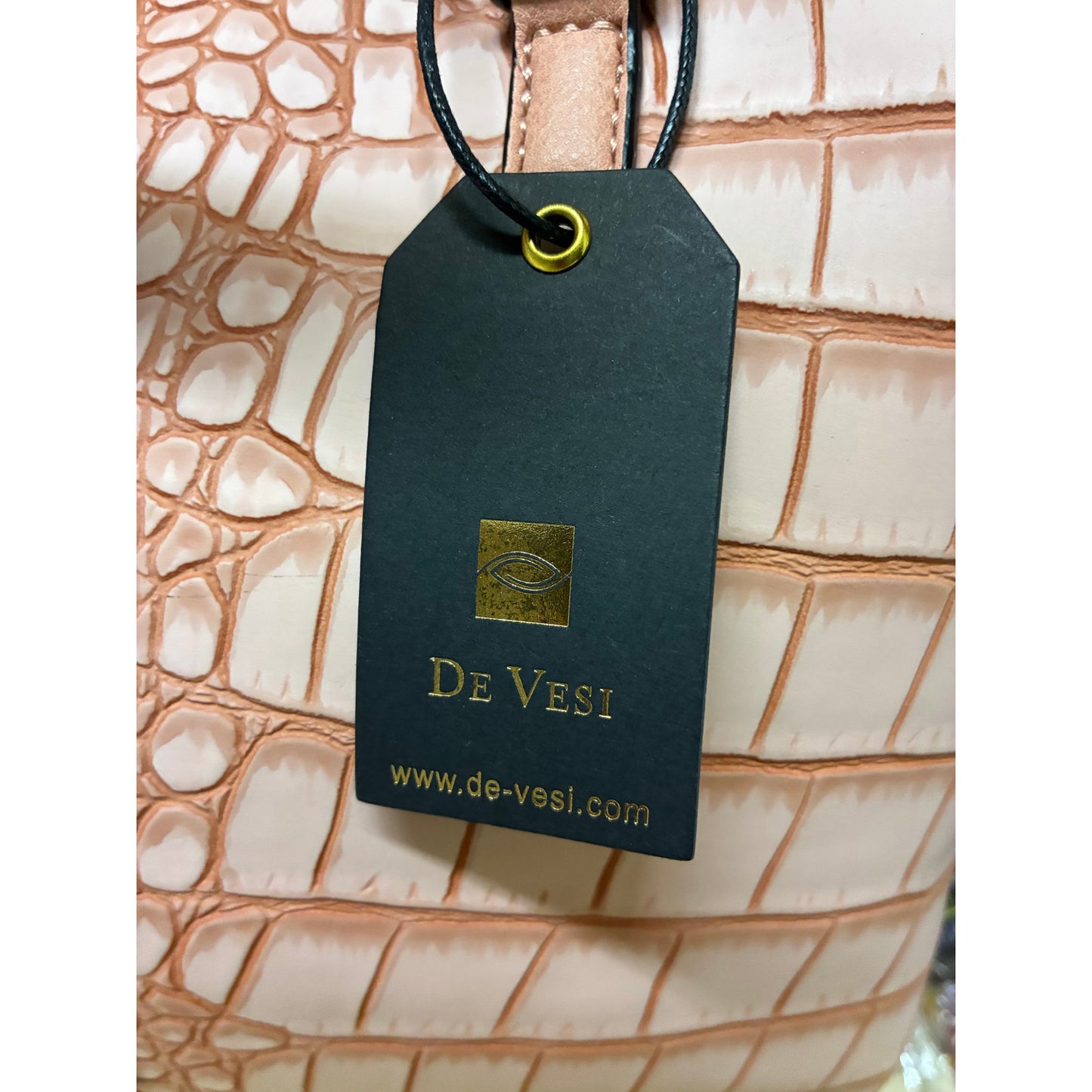 De Vesi Blush Crocodile Pattern Tote Bag. Pink Rose 16”W X 11”L