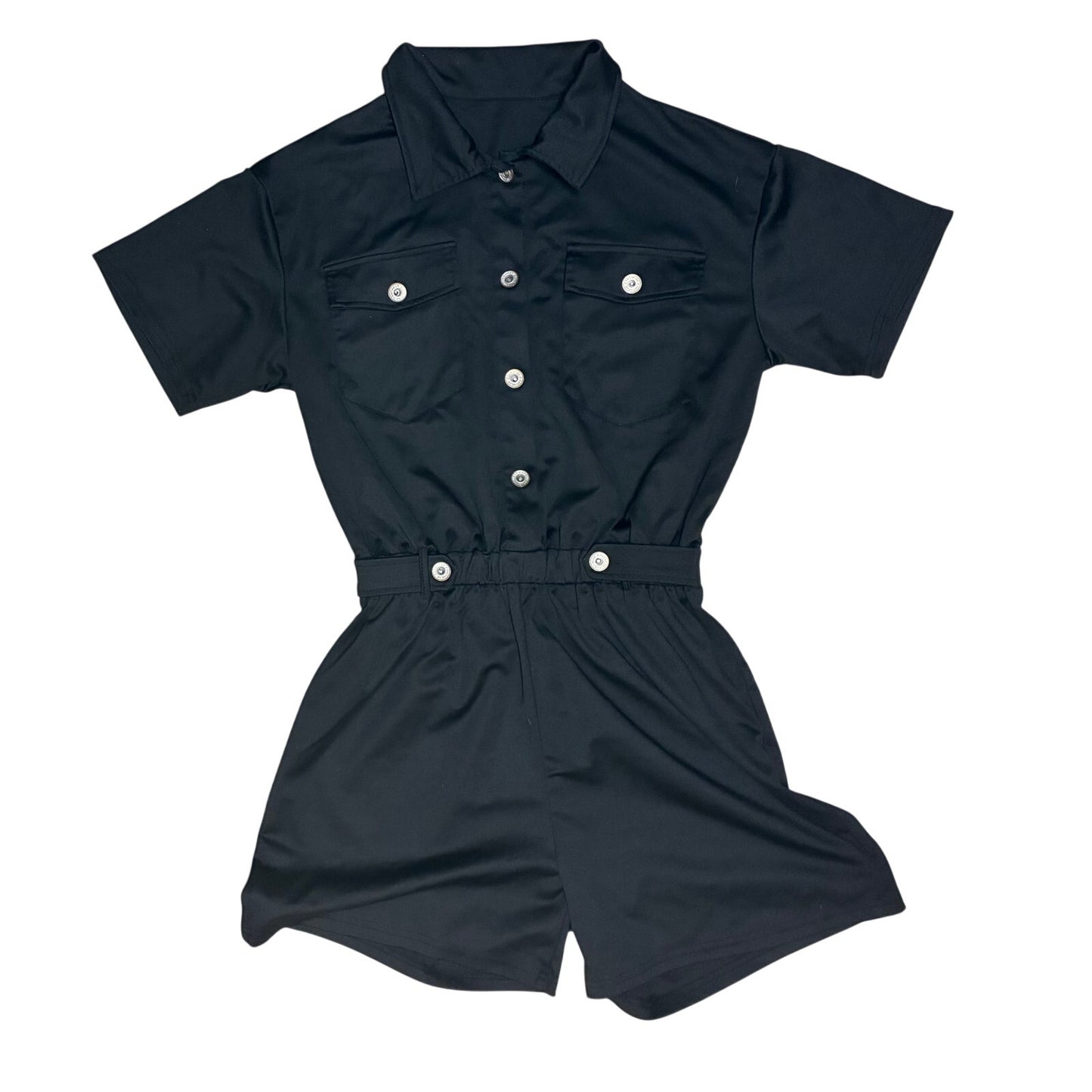 black button-down romper features utility-inspired chest pockets Size Small