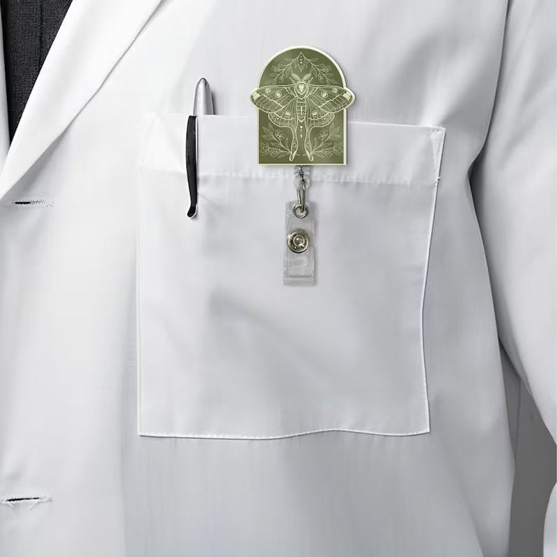 Vintage Moth Badge Reel: Botanical Green Arch, Retractable ID Holder