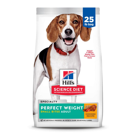 Hill's Science Diet Perfect Weight, Adult 1-6, Weight Management Support, Small Kibble, Dry Dog Food, Chicken Recipe, 25 lb Bag
