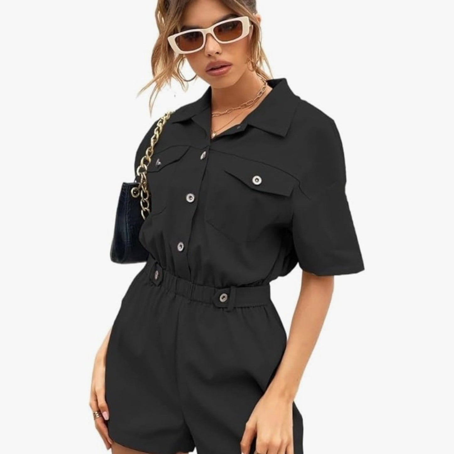 Short Jumpsuits for Women Buttoned Front Pocket Patched Shirt Jumpsuit Romper