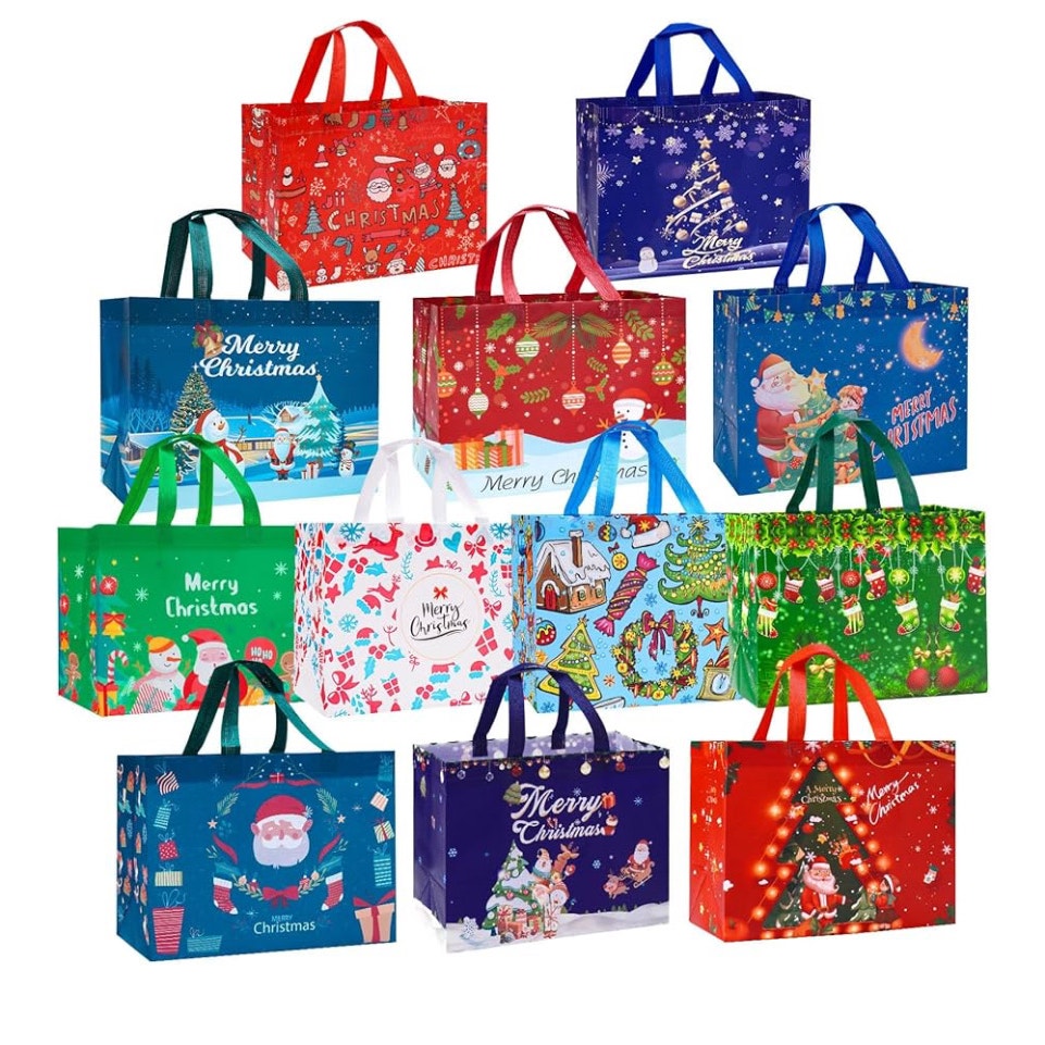 Heetobcos 12 Pack Christmas Gift Bags Large Reusable Tote Bags, Non-Wove Bags for New Year's Shopping, Christmas Surprise, Xmas Party Supplies,12.8"×9.8"×6.7"