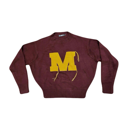MENNACE VARSITY KNITTED JUMPER IN BURGUNDY WITH RUST EMBROIDERY-RED