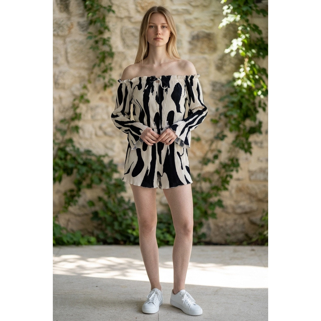 SHEIN SXY black and white abstract striped pleated off-shoulder romper