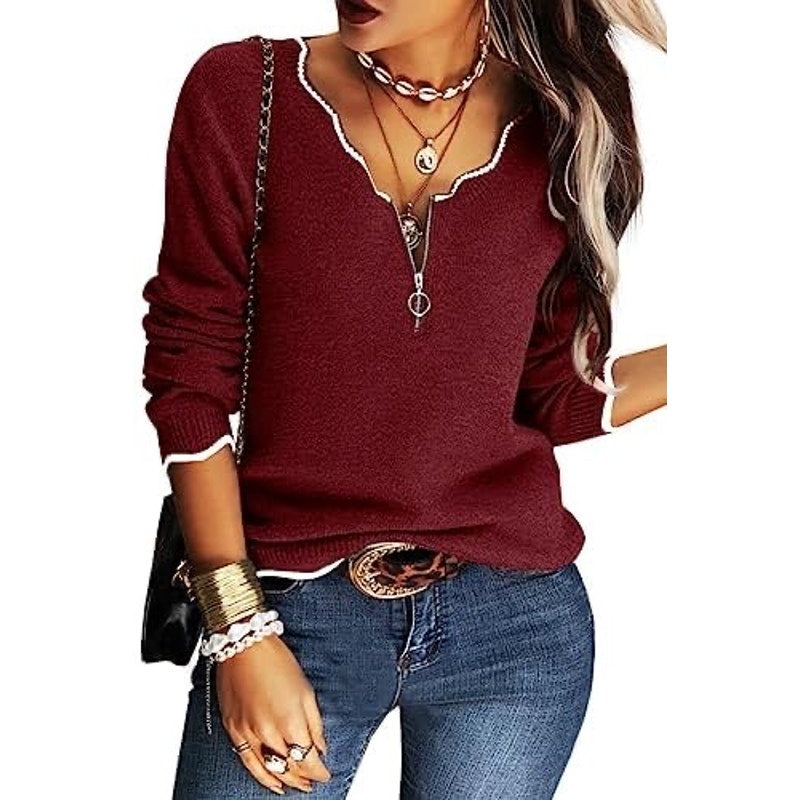 Hongqizo Women's Half Zipper Knit Sweater Casual V Neck Long Sleeve burgundy
