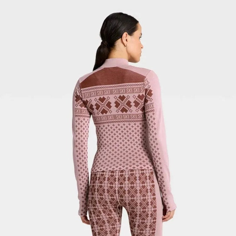 All In Motion Seamless Fair Isle Printed Full Zip Jacket, M - Maroon/Light Pink