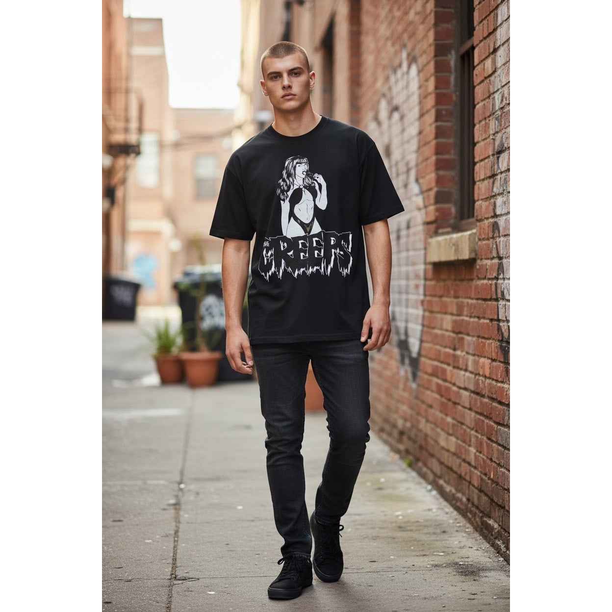 Creeps Men’s Black T-Shirt With White Picture Size Large