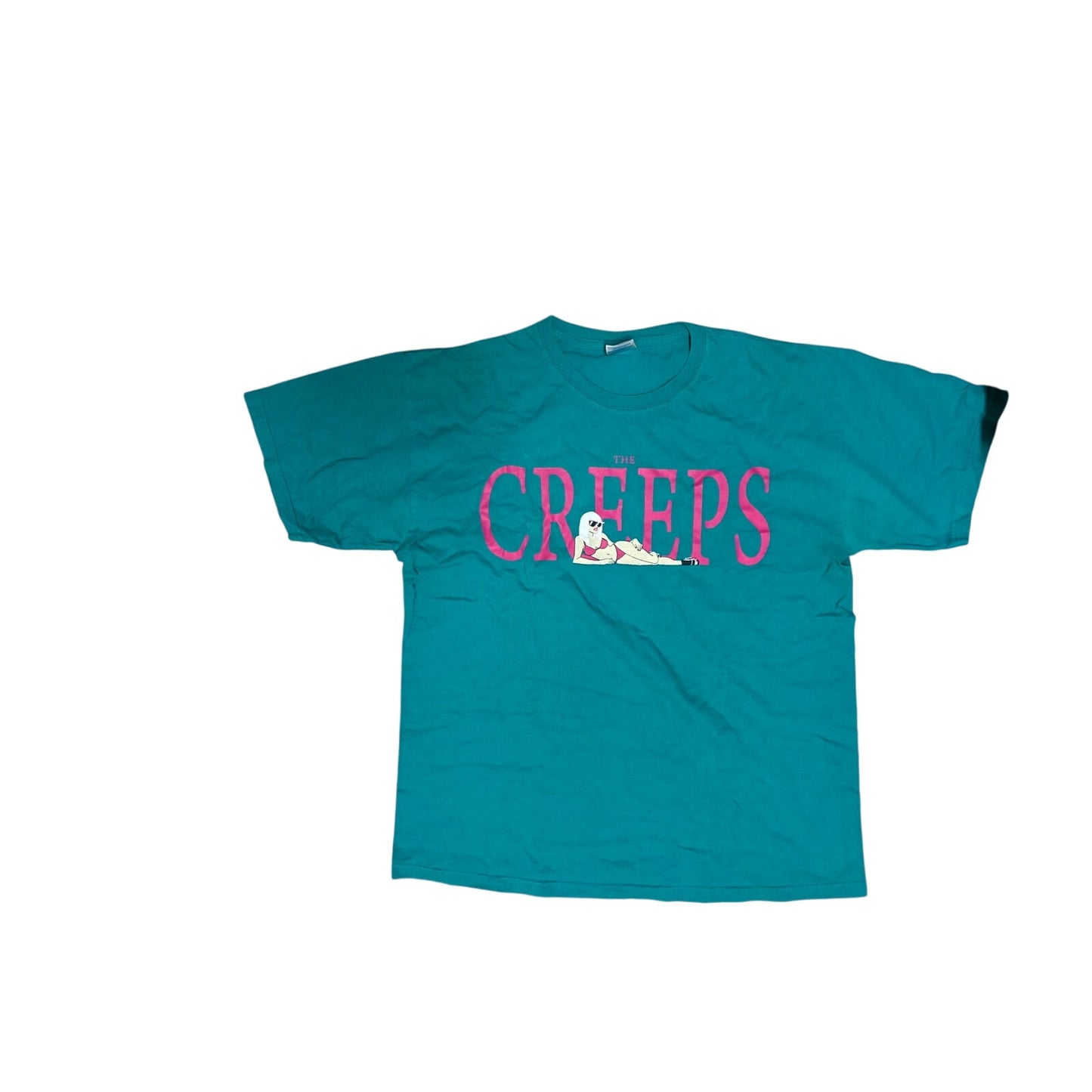Creeps Teal Men’s T-Shirt With Pink Words On it Size Large