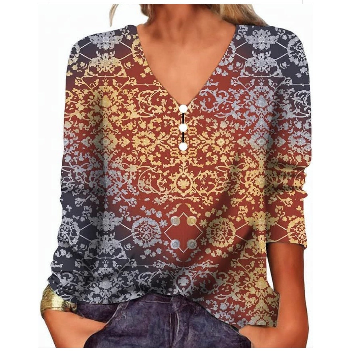 long-sleeve V-neck blouse with a bohemian floral pattern Size XL