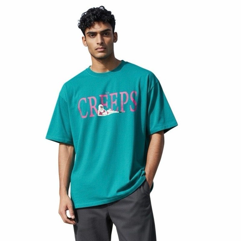 Creeps Teal Men’s T-Shirt With Pink Words On it Size Large