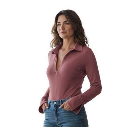 PinkmStyle Women’s Long Sleeve Bodysuit Size Large Color Dusty Rose.
