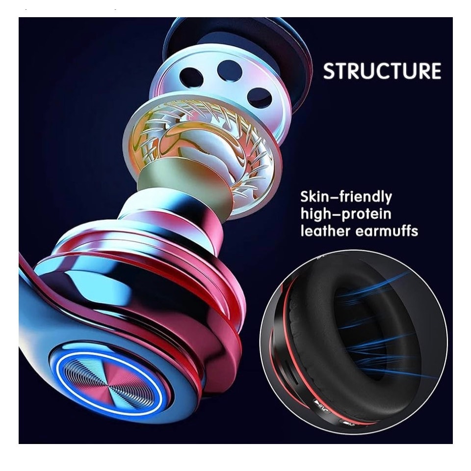 Bluetooth Over Ear Headphones, LED Lights Headphones with Built-in Mic B39