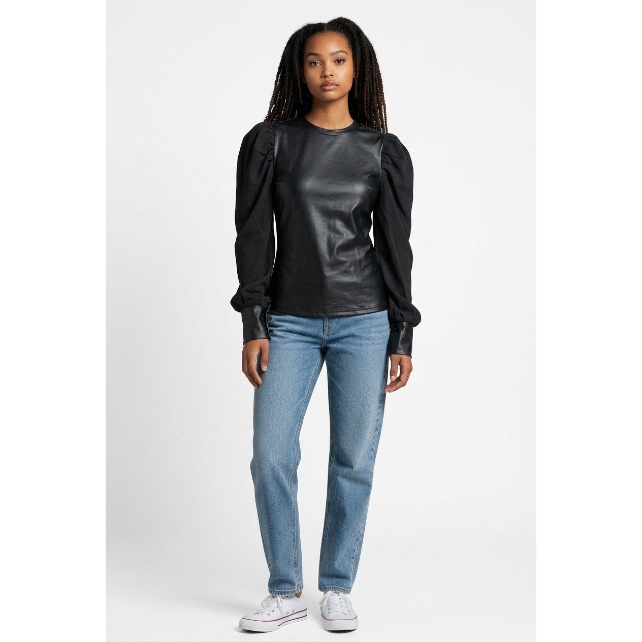 SHEIN black faux leather top features striking puff sleeves