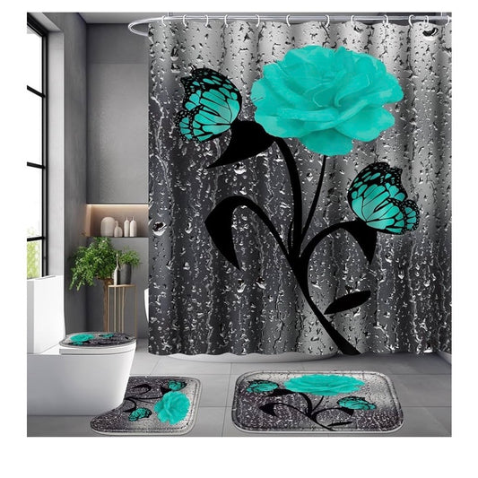 Poedist 4 Pcs Bathroom Set,Green Rose Shower Curtain Sets, Romantic Shower