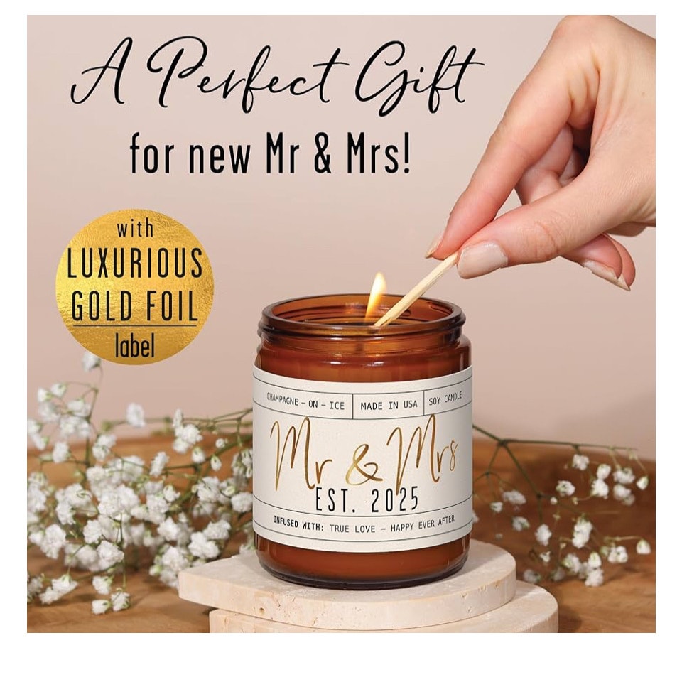 Wedding Gifts for Couples 2025, Bridal Shower Gifts from Bride - 'Mr & Mrs Est. 2025 Candle, w/Champagne on Ice