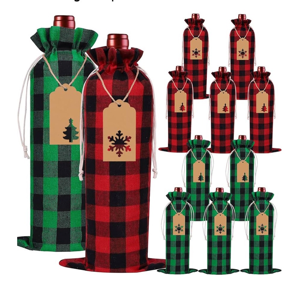 12 Christmas Wine Burlap Bags! Perfect for adding a rustic touch to your Christmas, New Year, wedding, or holiday parties.