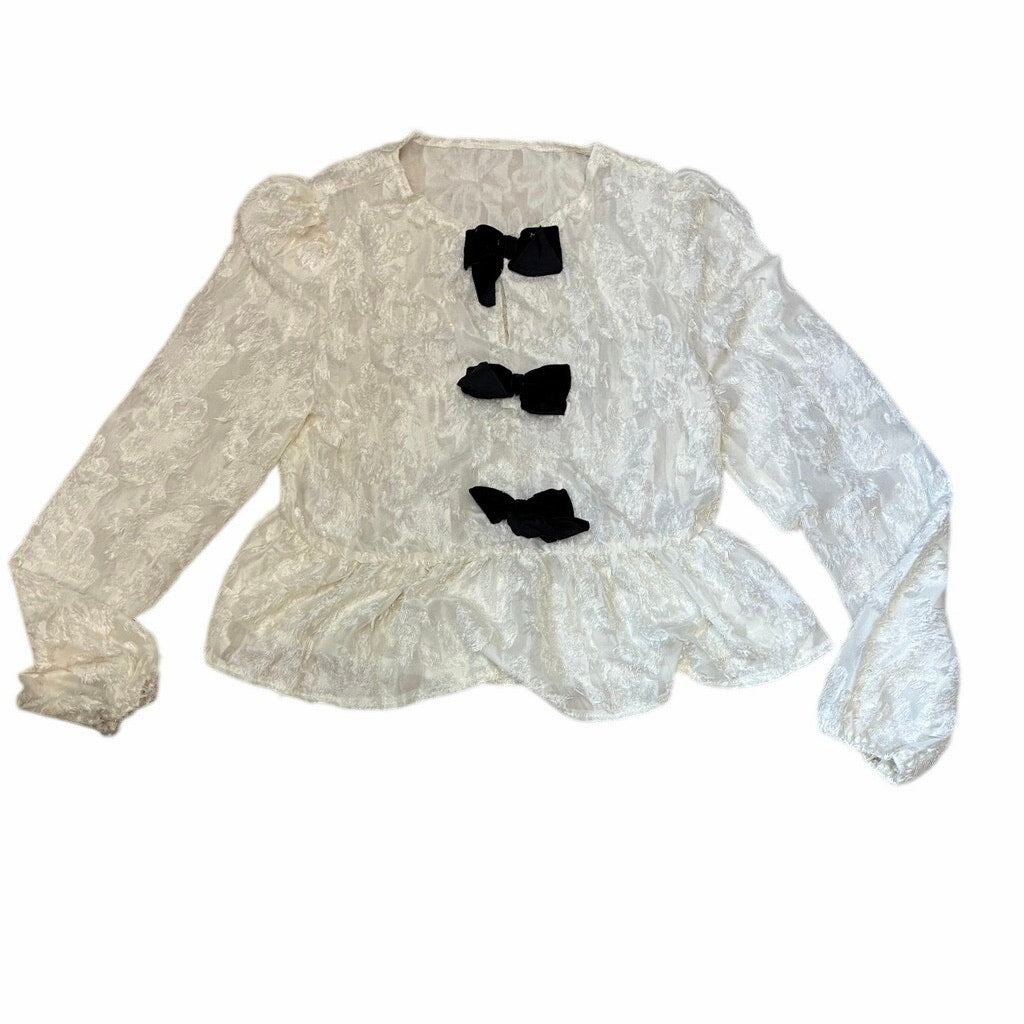 Sheer lace long sleeve white peplum ruffle black bow blouse preppy plazacore
