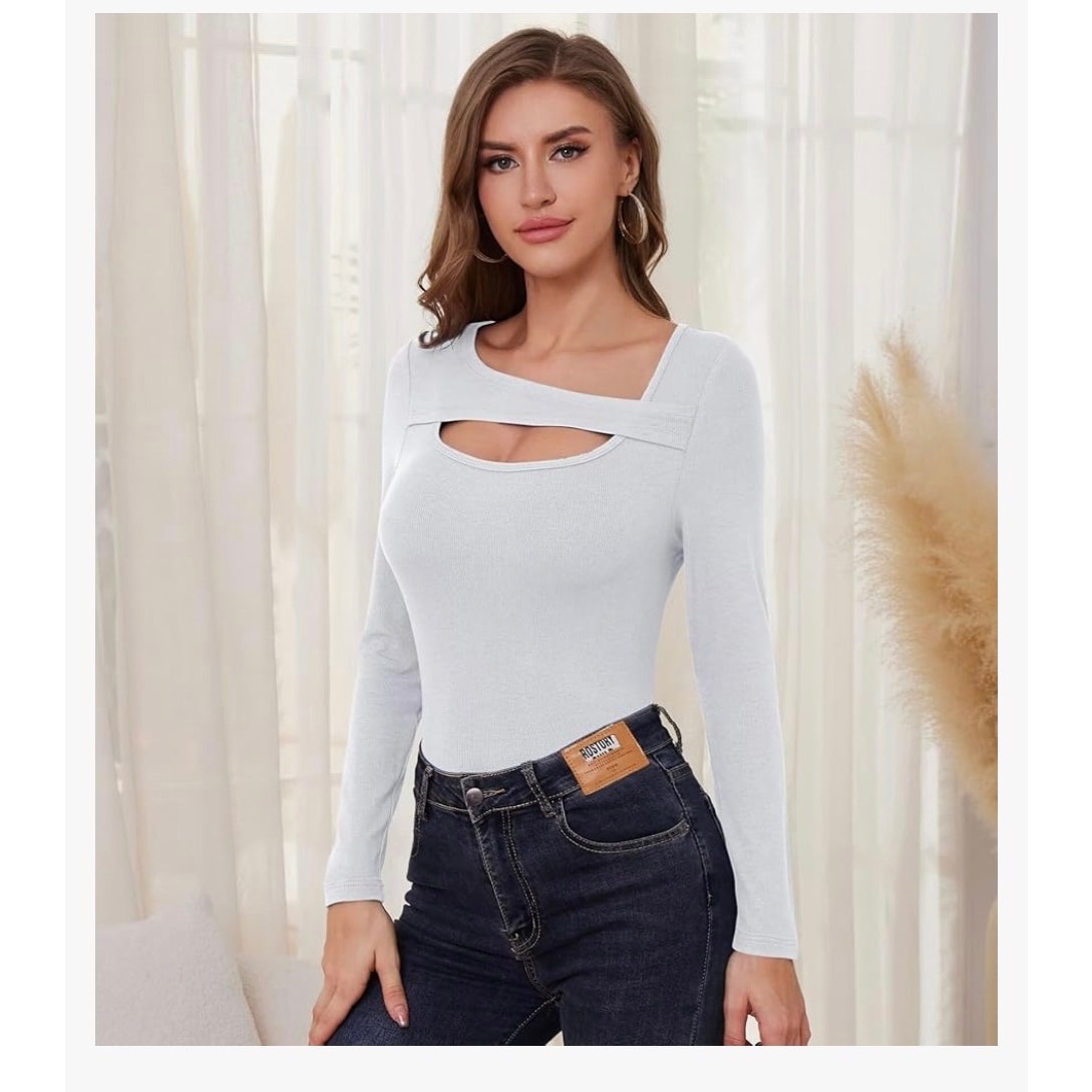 Long Sleeve Shirts Women Ribbed 1 Piece Cutout Tops Fashion Slim Fitted Clothes