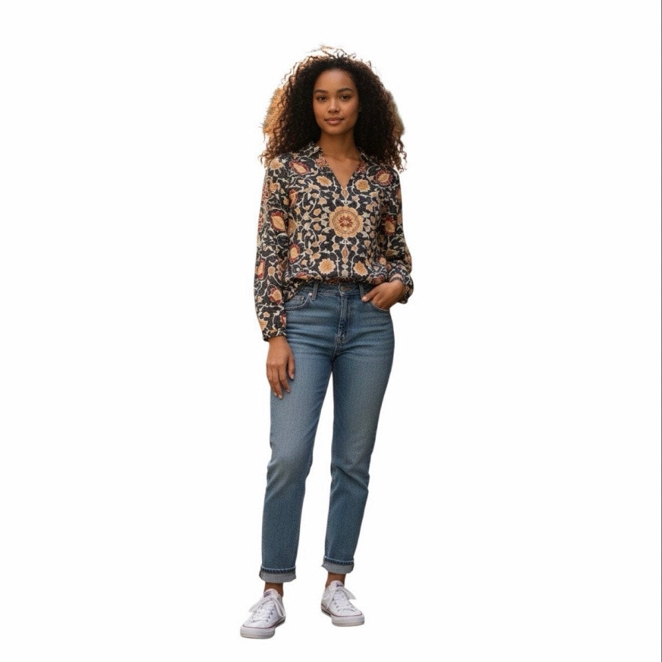 Long Sleeve Women’s V Neck Navy Shirt With Flowers Print On It  Size Medium