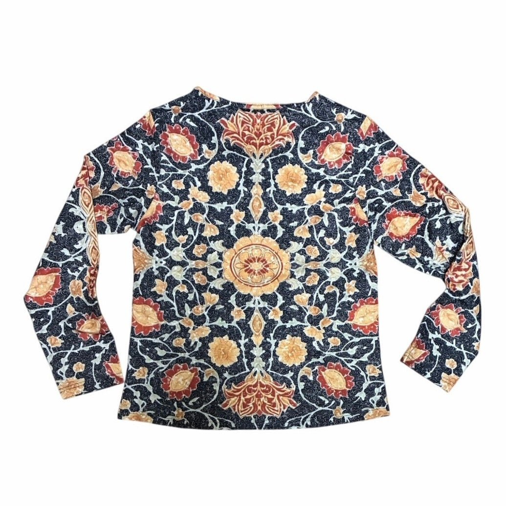 Long Sleeve Women’s V Neck Navy Shirt With Flowers Print On It  Size Medium