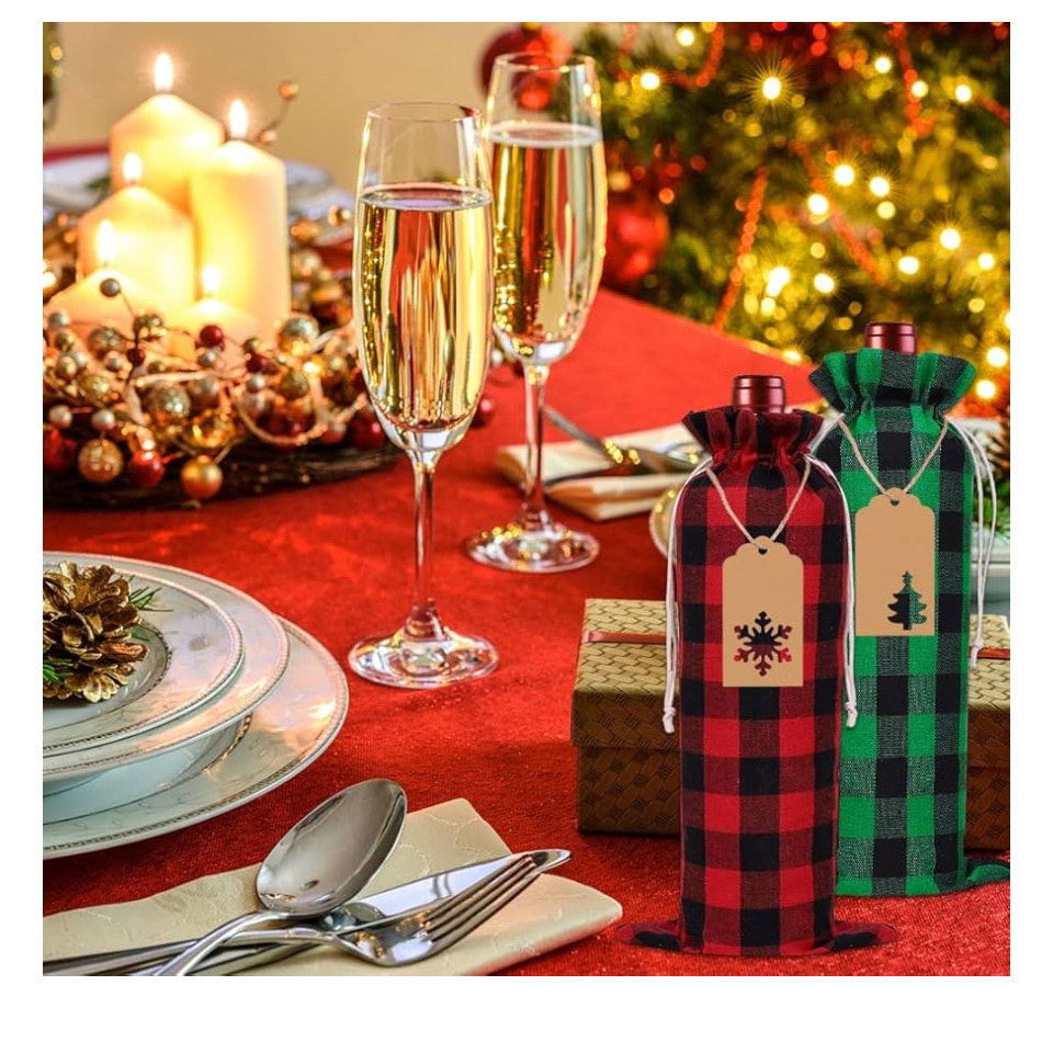 12 Christmas Wine Burlap Bags! Perfect for adding a rustic touch to your Christmas, New Year, wedding, or holiday parties.