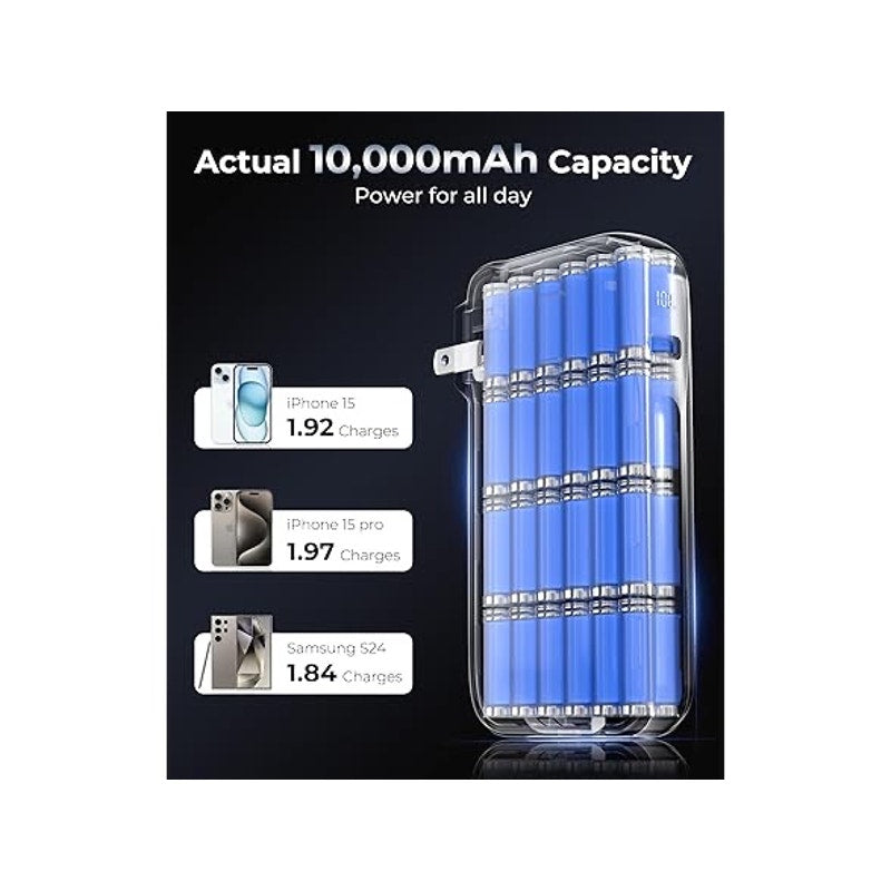 JOYFAR 10,000mAh Powerbank w/AC Plug and Built-in Cables