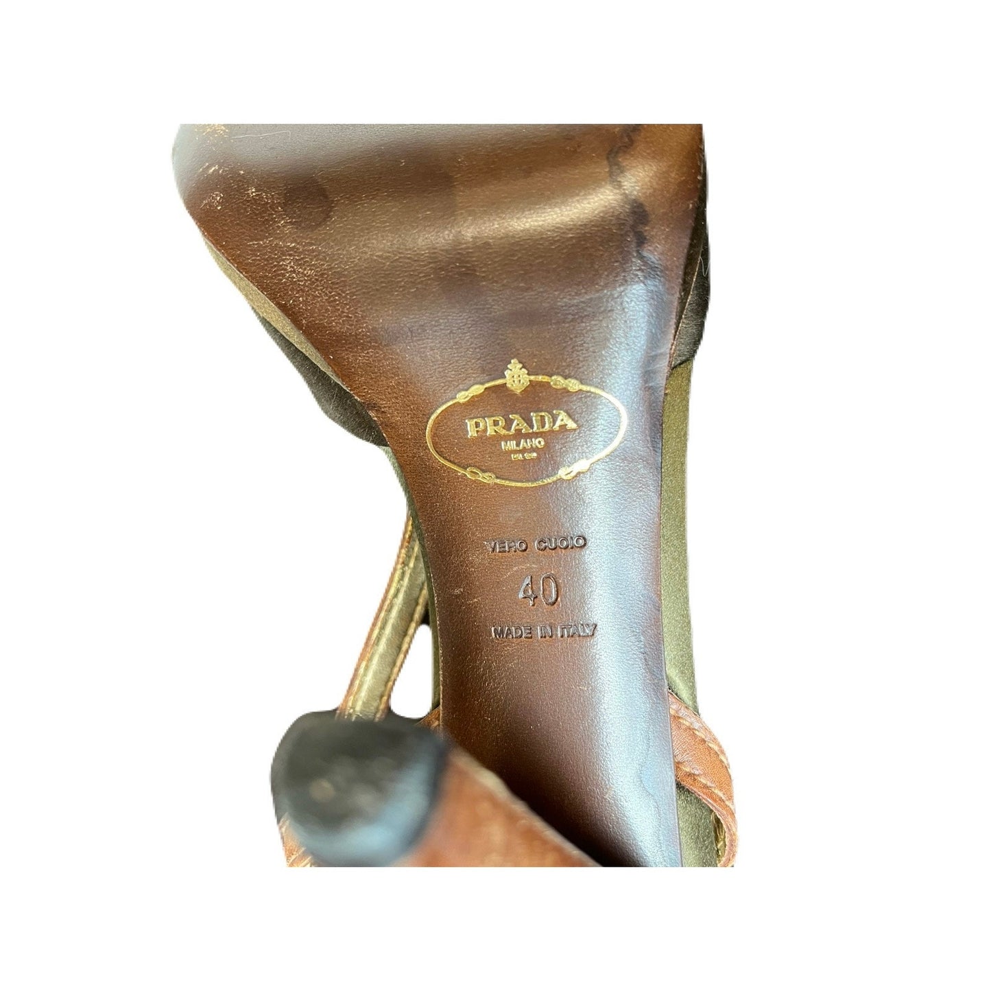 Prada Olive Green Satin And Brown Leather Slingback 4” Heel Size 10