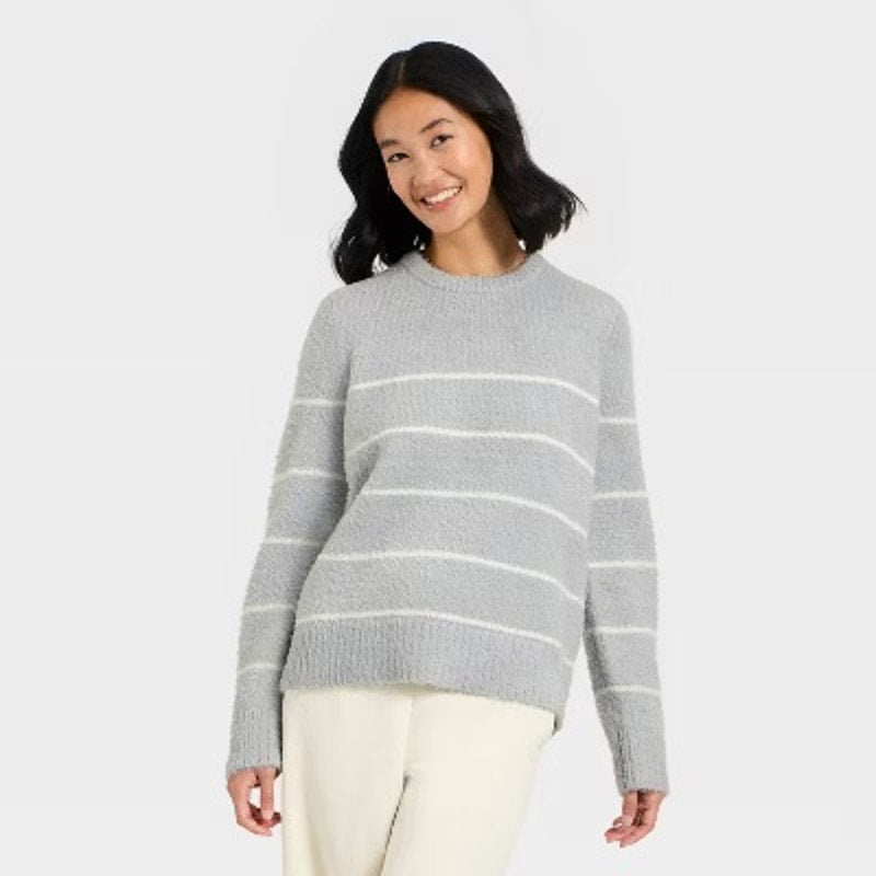 A New Day Women’s Long Sleeve Fuzzy Pullover Sweater With White Stripes On It