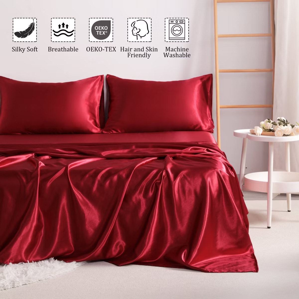 4 Pieces Satin Bed Sheet Set, Silky Cooling Soft Sheet Set, King, Wine Red