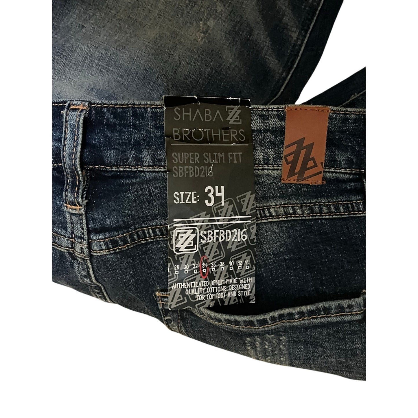 Shaba Z Brothers Men’s Jeans Size 34 With Dark Blue patches on The Legs