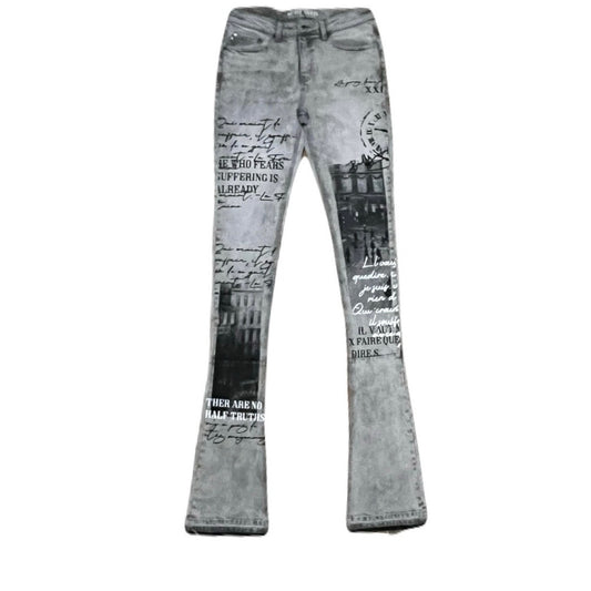 Si Tu Veux Gray Superstack Jean’s Size 32 With black design on the legs