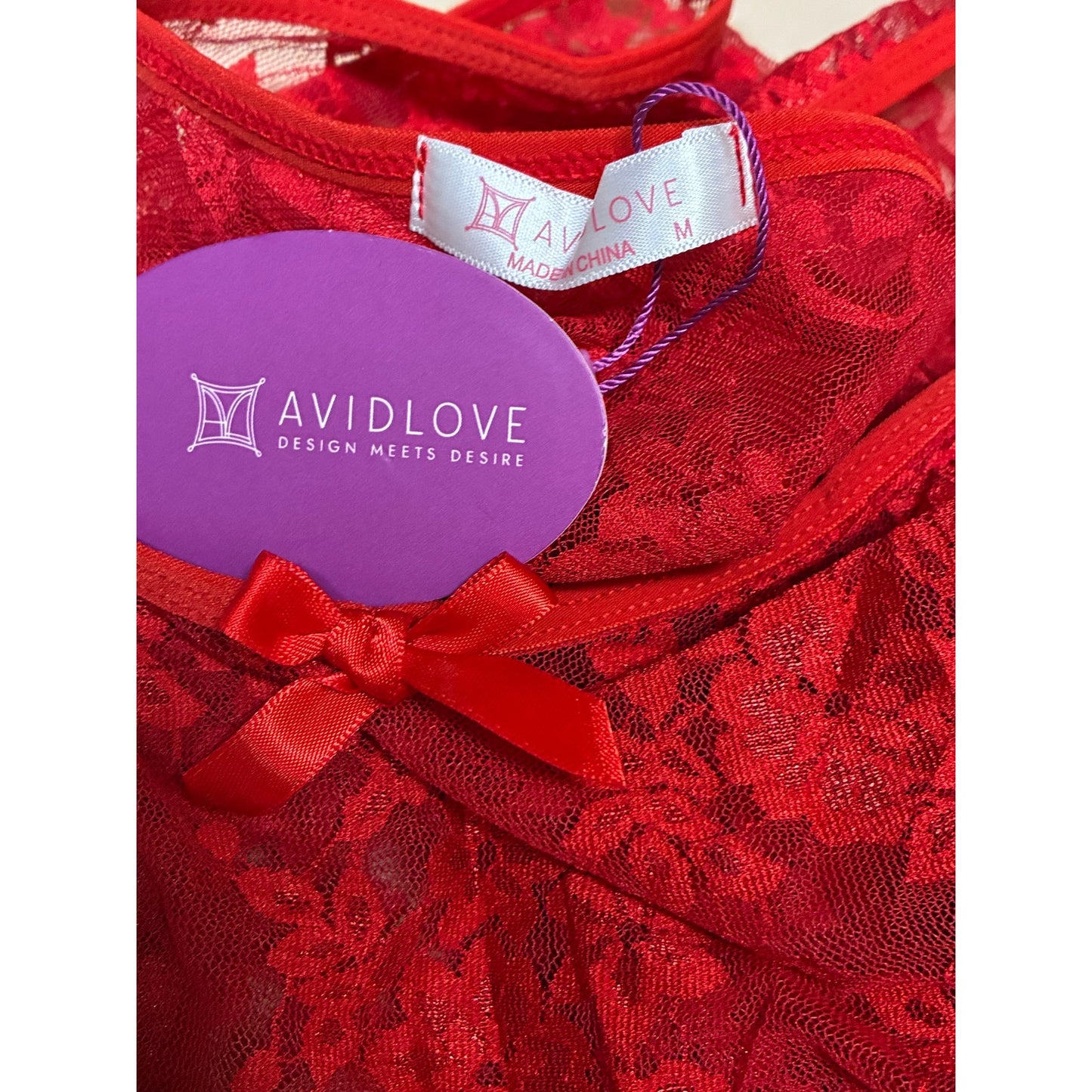 Women's Lace Long Sleeve Lingerie Bodysuit Avidlove Size Medium Red